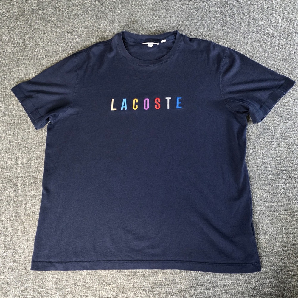 Lacoste Mens XXL Navy Blue Rainbow Embroidered Logo T-Shirt TH8550 Regular Fit